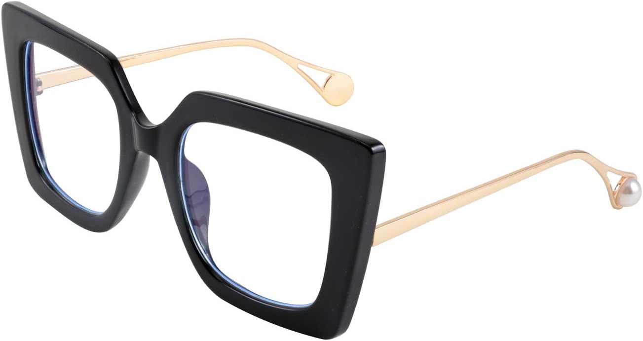 Black / 62 Millimeters | B08DF5QRXC | FEISEDY Oversized Square Blue Light Blocking Glasses Eye Strain Glare Pearl Inlay Arm Cat Eye Fashion Eyewear B2639