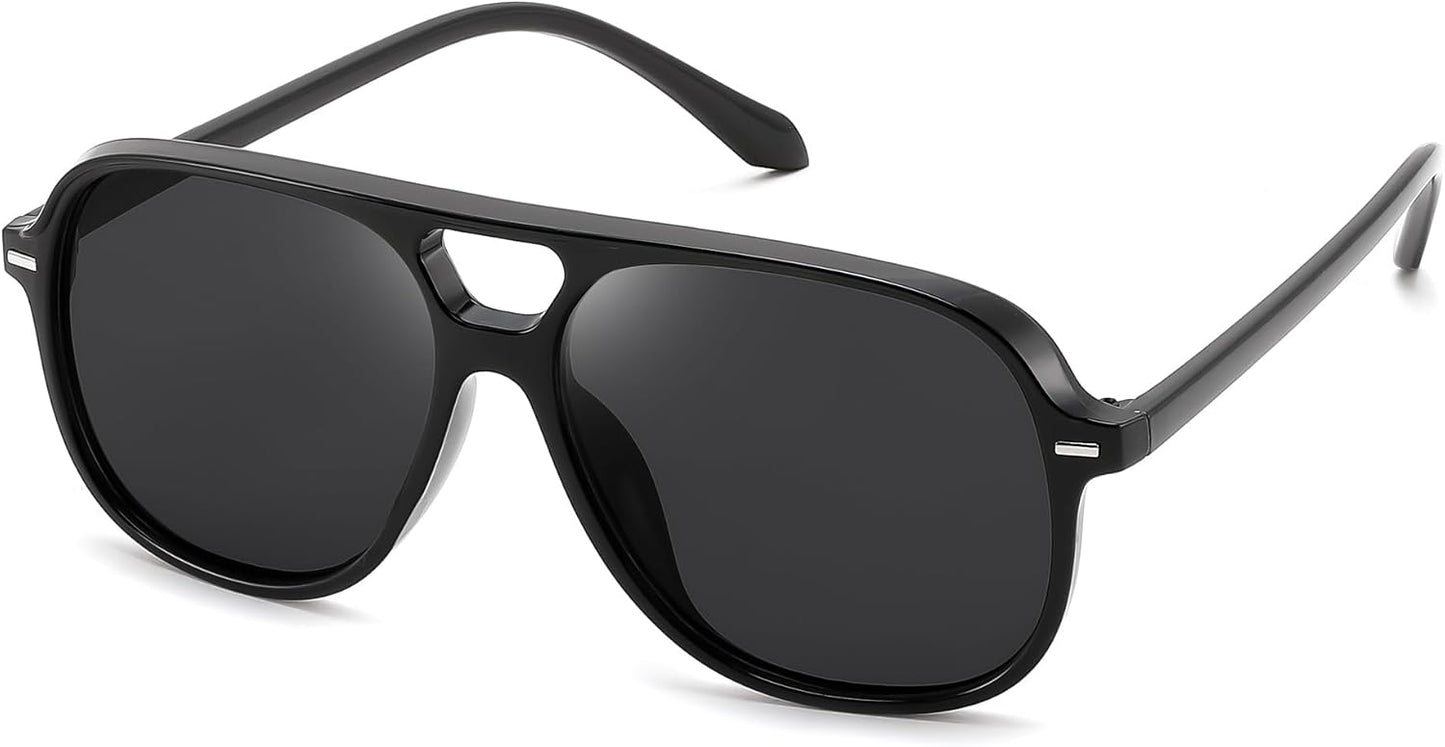 Black & Grey / 56 Millimeters | B0H1WCGC42 | FEISEDY Retro Square Aviator Sunglasses Women Men Double Bridge B0443