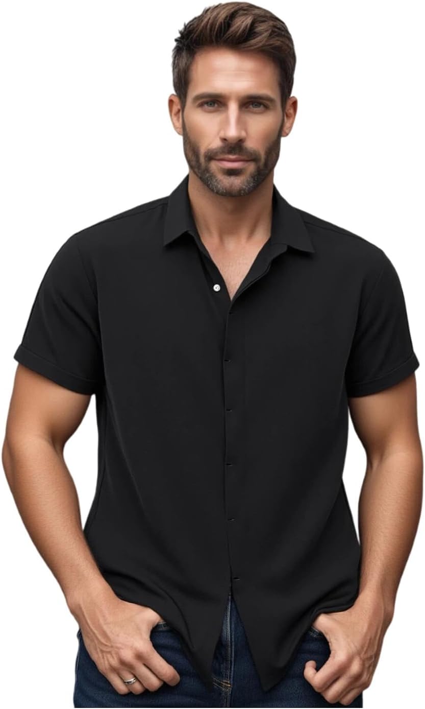 商品图片 2 | B0GD718RGQ | Men's Short Sleeve Shirts, Casual Button Down Dress Shirt Stretch Solid Formal Shirt for Men
