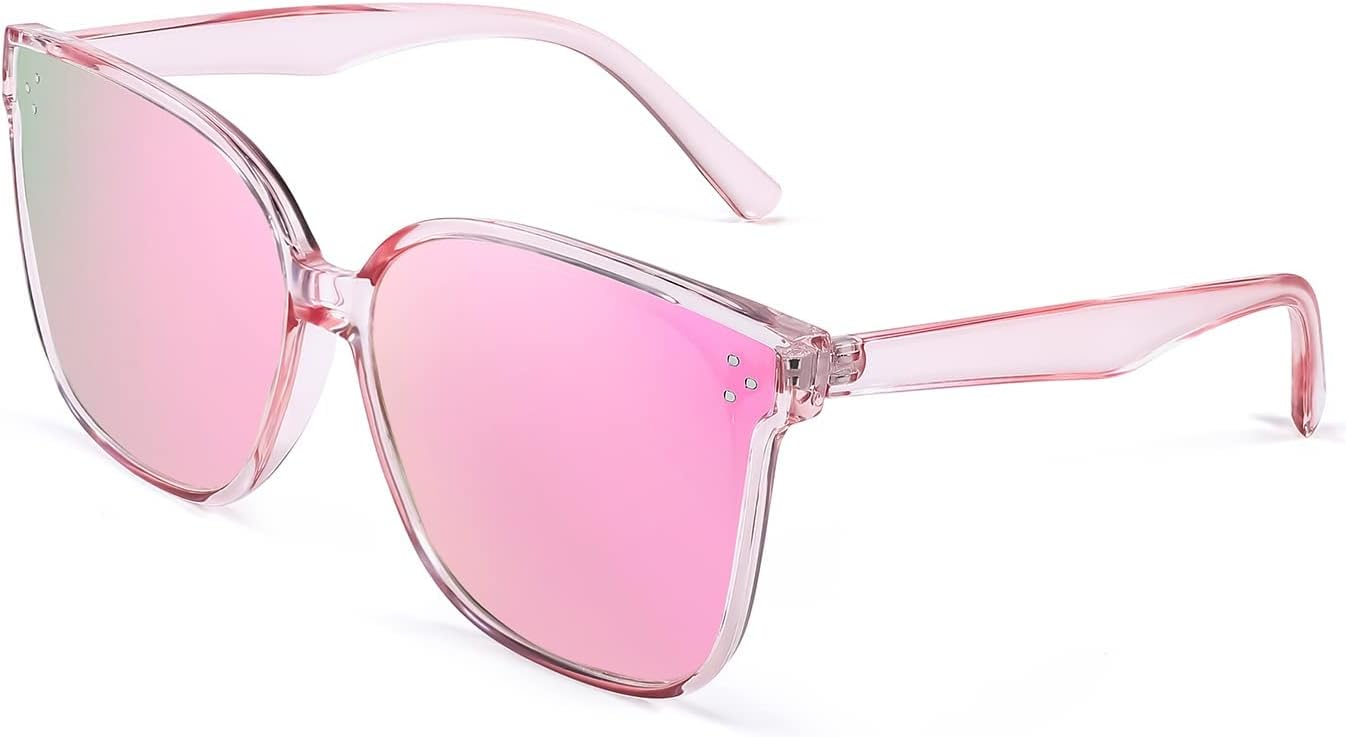 Clear Pink Frame Mirrored Pink Lenses / 63 Millimeters | B09HGP29ND | FEISEDY Oversized Polarized Sunglasses - UV400 Protection, Square Fashion Sun Glasses for Outdoor & Daily B2600
