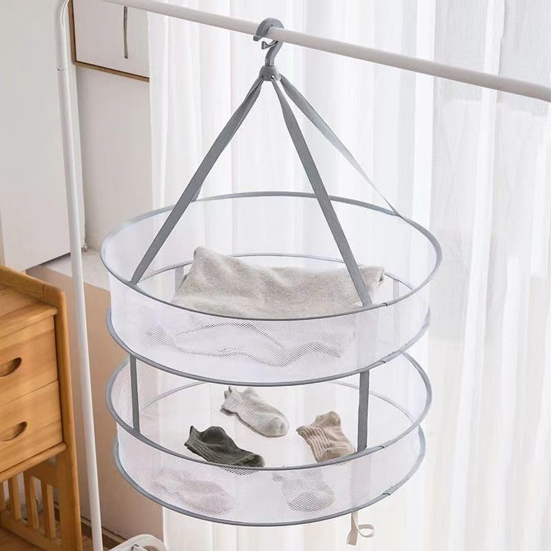 Grey | B0FX1RVPF3 | 2-Tier Gray Round Mesh Drying pockets for Socks & Underwear, 3.9in Height 18.9in Diameter Drying Rack