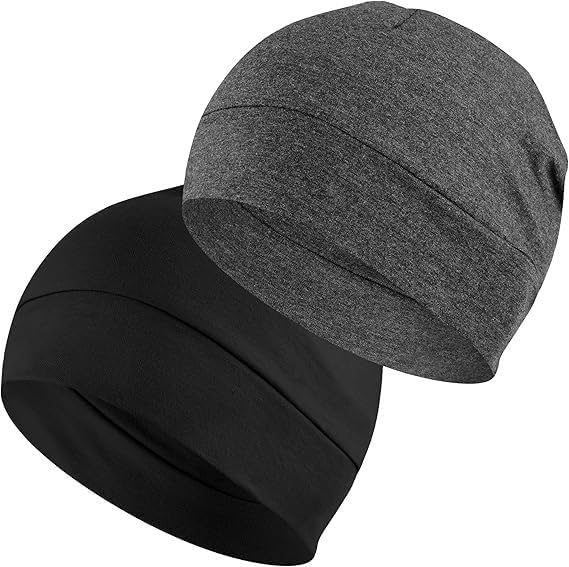 One Size / Black + Dark Gray | B0FSQ3818W | Cotton Skull Caps for Men - 2 Pack Beanie Helmets Liner & Sleep Cap, Breathable Warm Stretchy Beanies for Running Sports