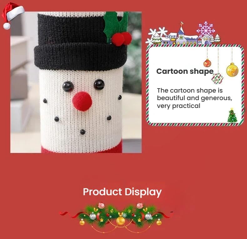 商品图片 6 | B0FWX7QLDR | Christmas Bottle Knit Covers, Festive Knit Wine Bottle Cozy with Santa & Snowman Holly Decor, for Holiday Parties & Gifts