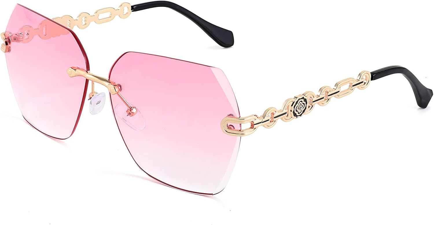006 Gradual Pink | B09M3HVRZ2 | FEISEDY Classic Rimless Sunglasses Women Metal Frame Diamond Cutting Lens Sun Glasses B2567