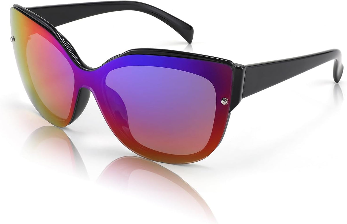 004 Bright Black Frame/Purple Mirror Lens / 66 Millimeters | B09LTWCWBW | FEISEDY Cat Eye Sunglasses Polarized for Women Men£¬Rimless Mirrored Sunglasses, Oversized, Trendy Retro Sun Glasses B2796