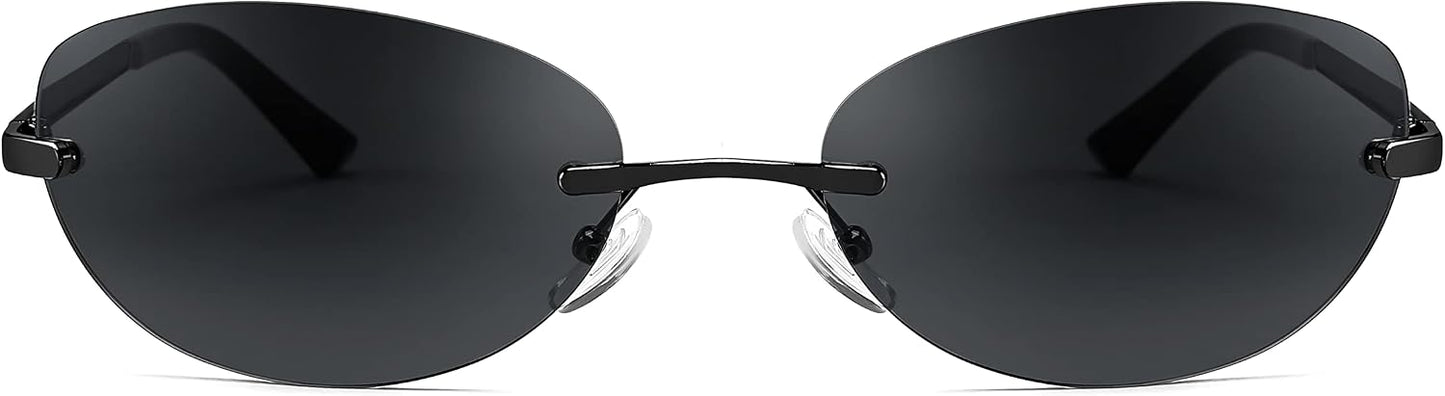 商品图片 2 | B0BZPBKFF1 | FEISEDY Trendy Rimless Oval Sunglasses for Women Men Retro 90s Eyewear Frame Y2K Glasses B2393