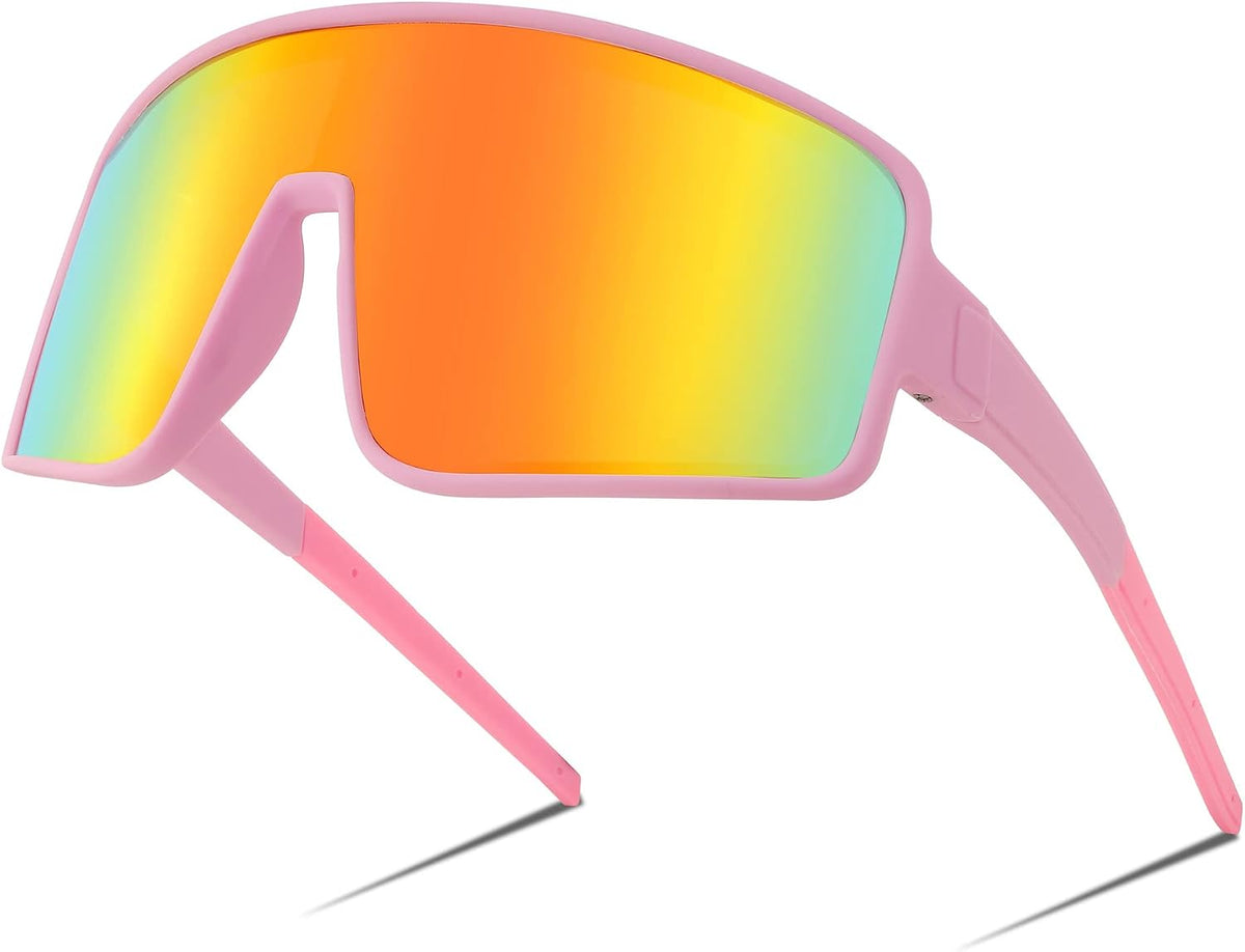 003 Pink Frame & Red Mirror Lens / 71 Millimeters | B0BYDGZCB8 | FEISEDY Sports Sunglasses, Polarized Oversized Shield for Women Men Youth, Baseball Cycling Running Outdoor Visor B2988