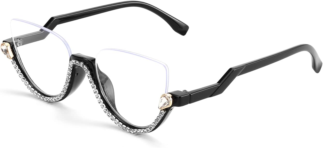 Black / 52 Millimeters | B0BK84HWH8 | FEISEDY Women Blue Light Blocking Glasses Fashion Half Frame Cat Eye Glasses Inlaid Diamond Anti Eyestrain B2995
