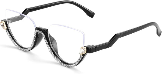 Black / 52 Millimeters | B0BK84HWH8 | FEISEDY Women Blue Light Blocking Glasses Fashion Half Frame Cat Eye Glasses Inlaid Diamond Anti Eyestrain B2995