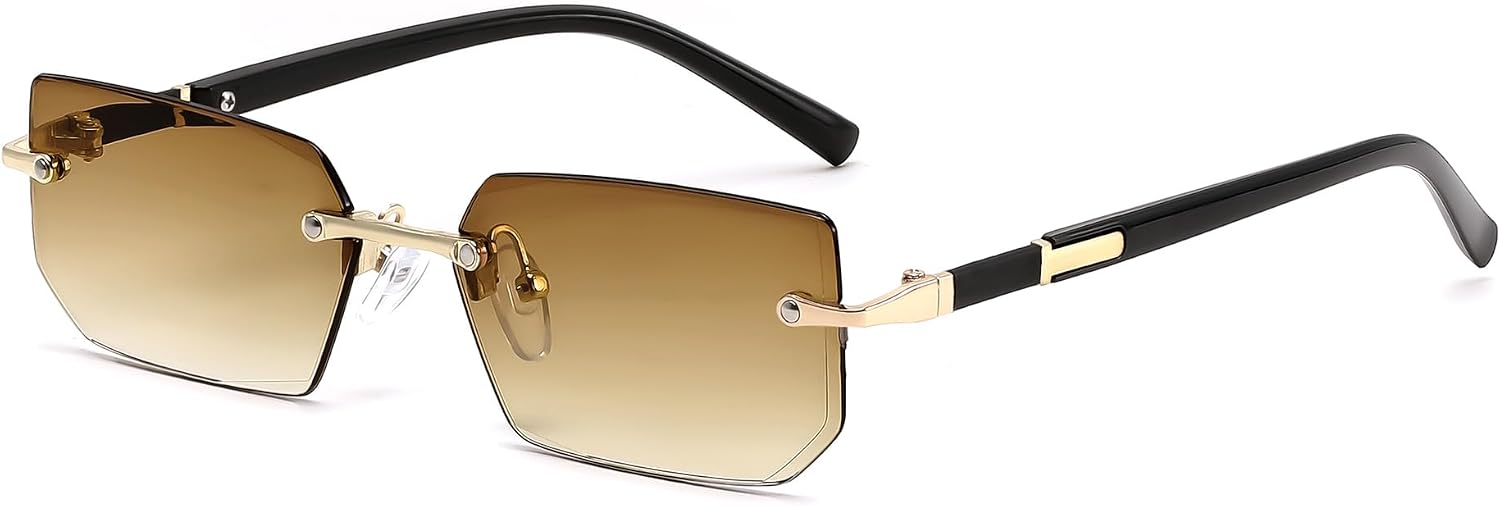 Gradient Tea Brown / 55 Millimeters | B0GVSFGHX8 | FEISEDY Rimless Sunglasses Y2K Retro Small Narrow Rectangle Shades B2643