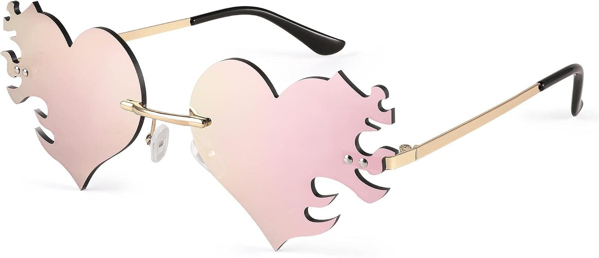 Pink Mirrored Lens / 60 Millimeters | B0BM3DQQB6 | FEISEDY Melting Flame Heart Sunglasses For Women Men Trendy Rimless Fire Shaped Party Glasses B2366