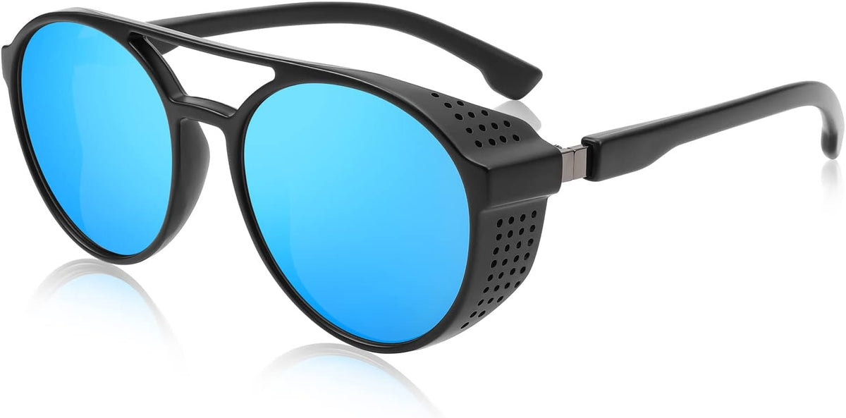 Blue Mirror Lens / 54 Millimeters | B0B6HWS83G | FEISEDY Classic Steampunk Sunglasses for Men Women Retro Round Gothic Shades Eyewear UV400 Protection B2957