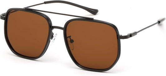 FEISEDY Retro Aviator Sunglasses for Women Men Vintage Classic Square Metal Frame Sun Glasses Trendy Shades B0371 | BLACK Series - Black Frame Brown Lens