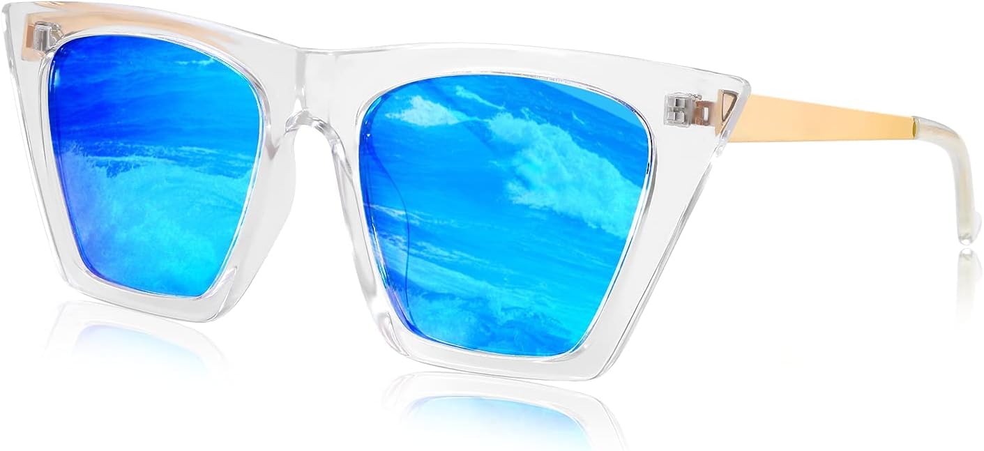 Clear Frame/Blue Mirrored Lenses / 55 Millimeters | B08R8QW19X | FEISEDY Vintage Polarized Square Cat Eye Sunglasses Women Trendy Fashion Cateye Polarized Sunglasses B2692