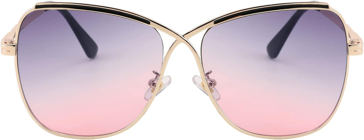Golden Frame & Gradual Grey-pink Lens / 58 Millimeters | B08SHN39K9 | FEISEDY Womens Cute Sunglasses Oversized Butterfly X Shape Design Cateye Lady Sunglasses B2738
