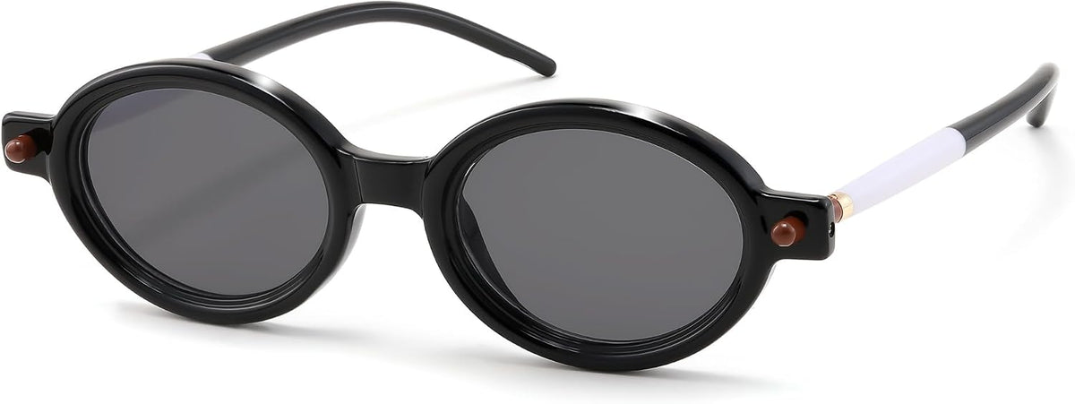 202 Black White Frame & Grey / 47 Millimeters | B0DXQ26YJK | FEISEDY Retro Oval Sunglasses for Women 90s Narrow Round Lightweight Shades Y2k Trendy Sunnies B1171