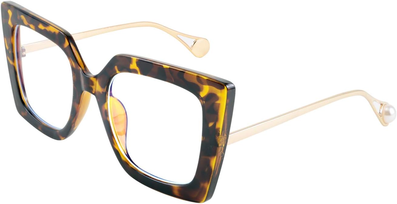 Leopard / 62 Millimeters | B08DFPJW4V | FEISEDY Oversized Square Blue Light Blocking Glasses Eye Strain Glare Pearl Inlay Arm Cat Eye Fashion Eyewear B2639