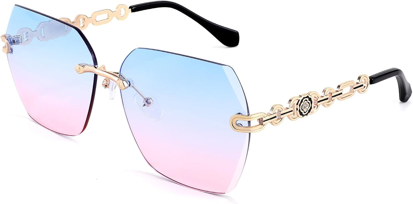 007 Blue Pink | B09M3JHLD5 | FEISEDY Classic Rimless Sunglasses Women Metal Frame Diamond Cutting Lens Sun Glasses B2567