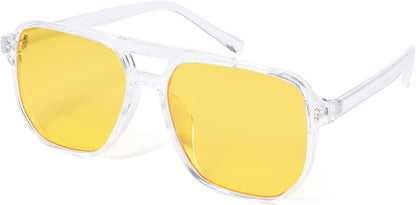 FEISEDY Retro Square Aviator Sunglasses Women Men 70s Vintage Trendy Plastic Frame Sun Glasses B2835 | WHITE Series - 004 Transparent Frame/Yellow Lens