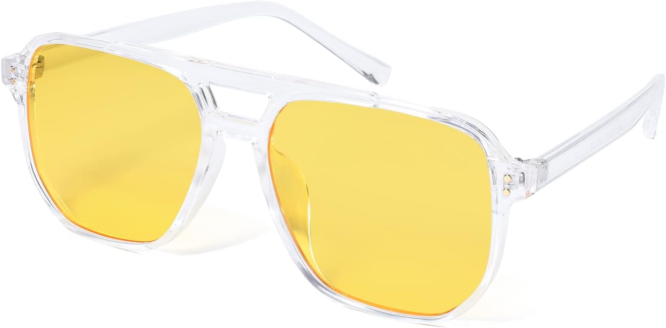 004 Transparent Frame/Yellow Lens / 57 Millimeters | B09J874Z32 | FEISEDY Retro Square Aviator Sunglasses Women Men 70s Vintage Trendy Plastic Frame Sun Glasses B2835