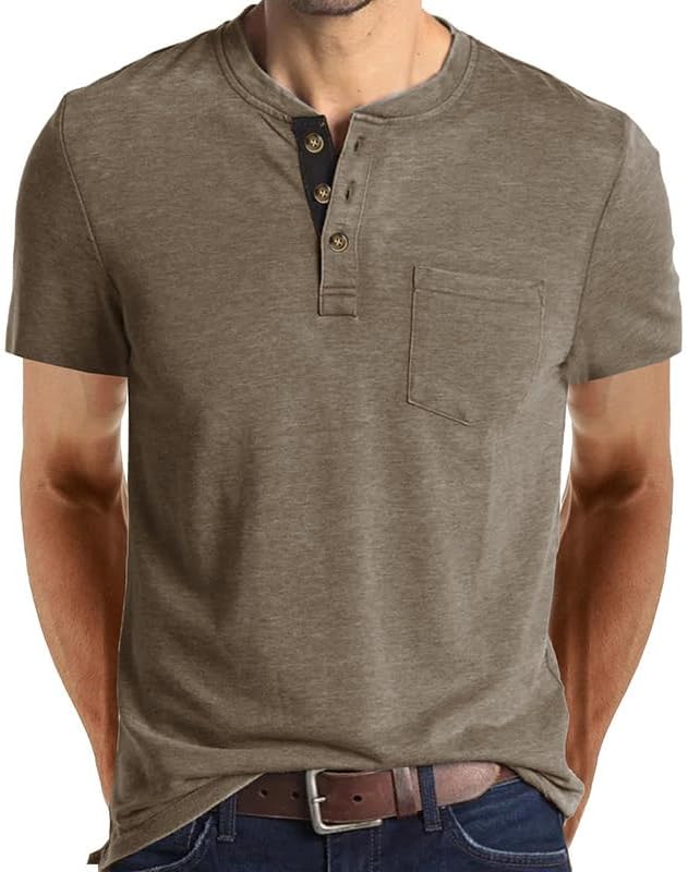 Medium / Khaki|short Sleeved | B0GJLGMPM4 | Men's Long/Short Sleeve Polo Shirt, Soft Cotton Pocket Crew Tee Classic Men Shirts Casual Henley T-Shirt for Golf Daily Wear
