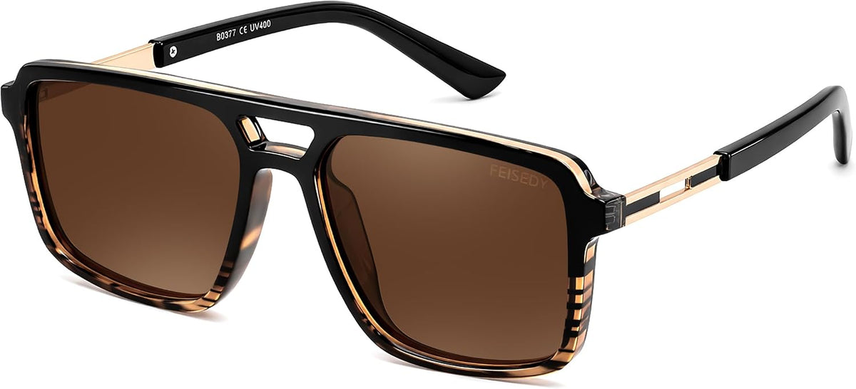 Black Stripe/Brown / 56 Millimeters | B0GLMZYQP7 | FEISEDY Retro Aviator Polarized Square Sunglasses for Men Women B0377