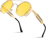 Gold Frame Yellow Lens / 50 Millimeters | B0BD4LY1T4 | FEISEDY Aviator Sunglasses for Men Women Steampunk Round Metal Frame B2351