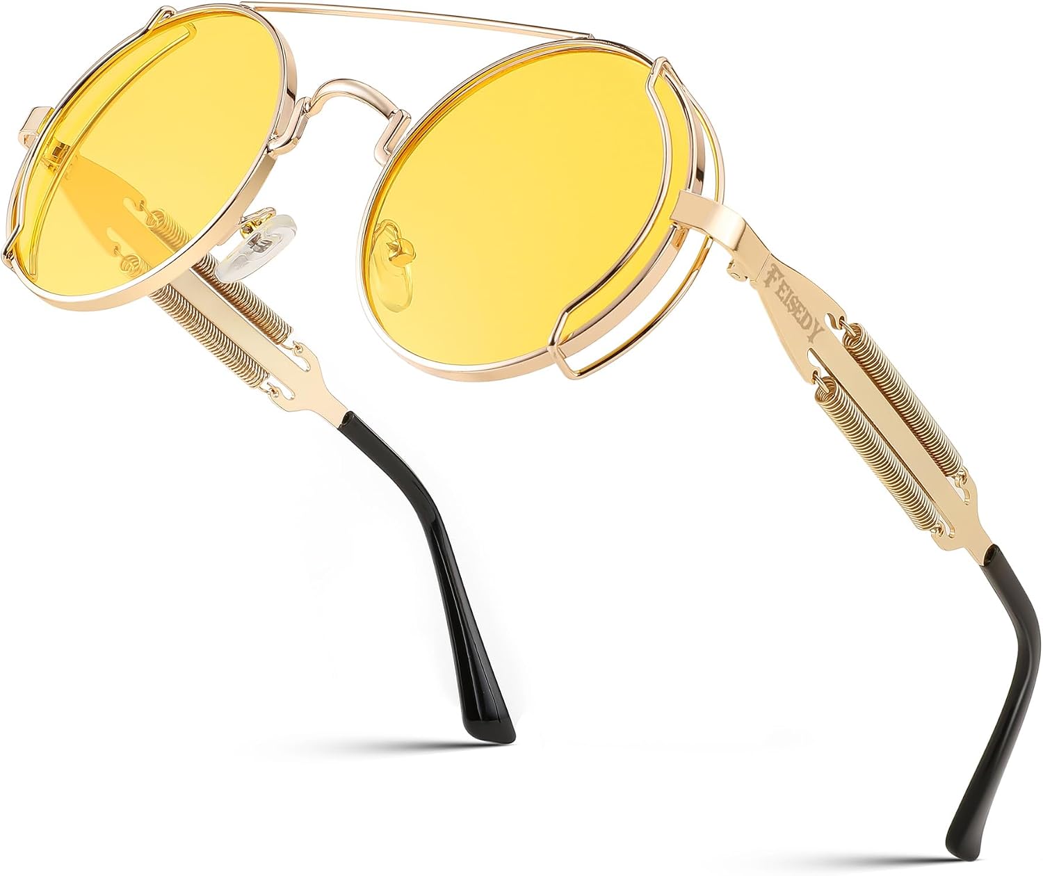 Gold Frame Yellow Lens / 50 Millimeters | B0BD4LY1T4 | FEISEDY Aviator Sunglasses for Men Women Steampunk Round Metal Frame B2351