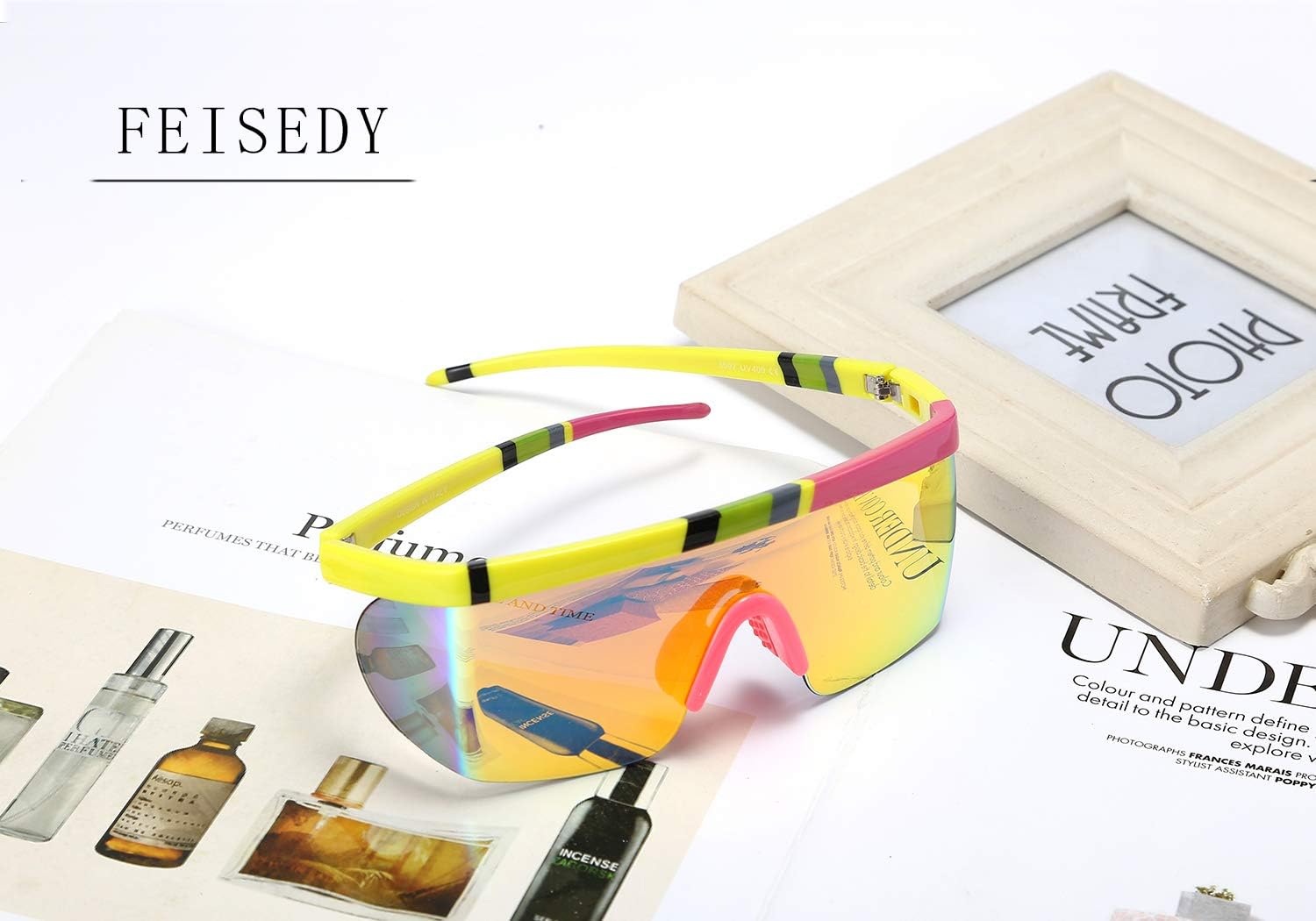 商品图片 33 | B096SD9GGG | FEISEDY Oversized Mirror Shield Sport 80s Sunglasses Ski Goggles Flat Top One Piece Futuristic Visor Women Men B2522