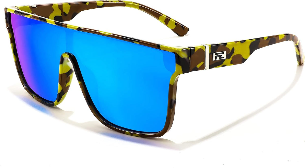 Yellow Camouflage Frame & Blue Mirrored Lens / 62 Millimeters | B0BTH4MVXW | FEISEDY Sunglasses for Women Men, Fashion Mirrored Single Lens Shades