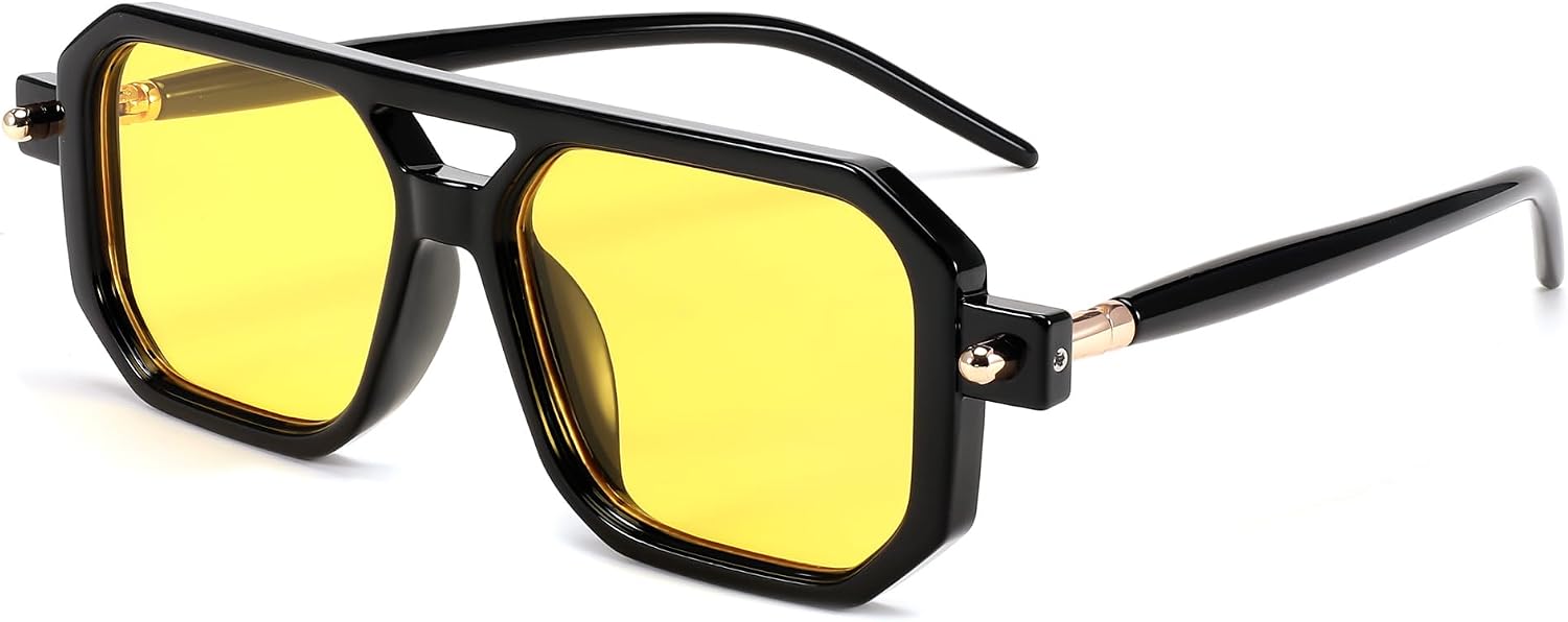 014 Black Frame & Bright Yellow Lens / 52 Millimeters | B0CR3LRZ6H | FEISEDY Vintage Square 70s Flat Aviator Sunglasses Women Men Classic Retro Stylish Frame UV400 Sunglasses B2622