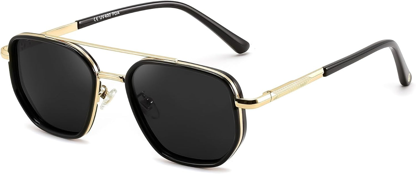 Golden Black/Grey / 56 Millimeters | B0FQ4X88KZ | FEISEDY Polarized Aviator Sunglasses for Women Men Square TAC Lens B0329 | UV400 protection, Lightweight, Military-grade durability, Spring temples, Climate Pledge Friendly, Driving, Beach