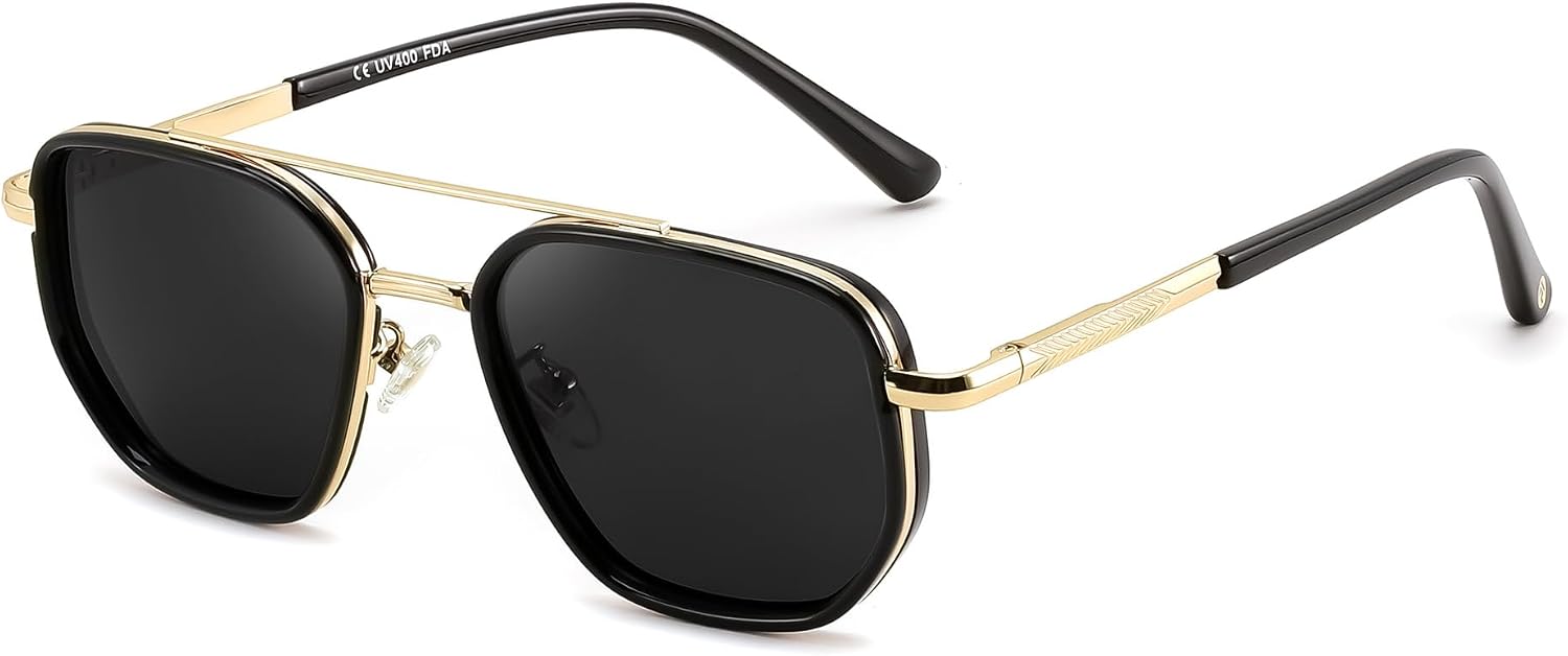 Golden Black/Grey / 56 Millimeters | B0FQ4X88KZ | FEISEDY Polarized Aviator Sunglasses for Women Men Square TAC Lens B0329 | UV400 protection, Lightweight, Military-grade durability, Spring temples, Climate Pledge Friendly, Driving, Beach