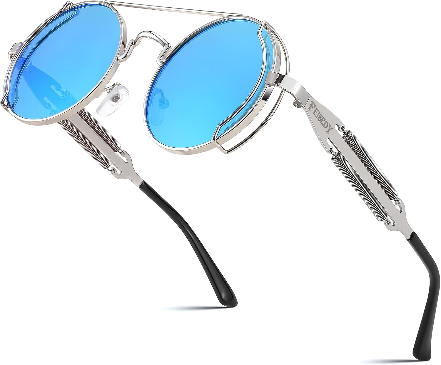 Silver Frame Blue and Silver Lenses With Silver Legs / 50 Millimeters | B0BD4N6ZF7 | FEISEDY Aviator Sunglasses for Men Women Steampunk Round Metal Frame B2351