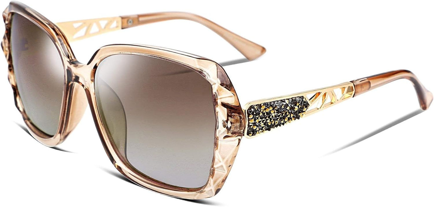 3 Champagne / 56 Millimeters | B079GSTW1D | FEISEDY Polarized Women Square Sunglasses Sparkling Composite Shiny Frame B2289
