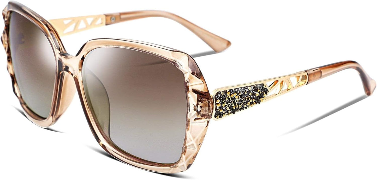 3 Champagne / 56 Millimeters | B079GSTW1D | FEISEDY Polarized Women Square Sunglasses Sparkling Composite Shiny Frame B2289