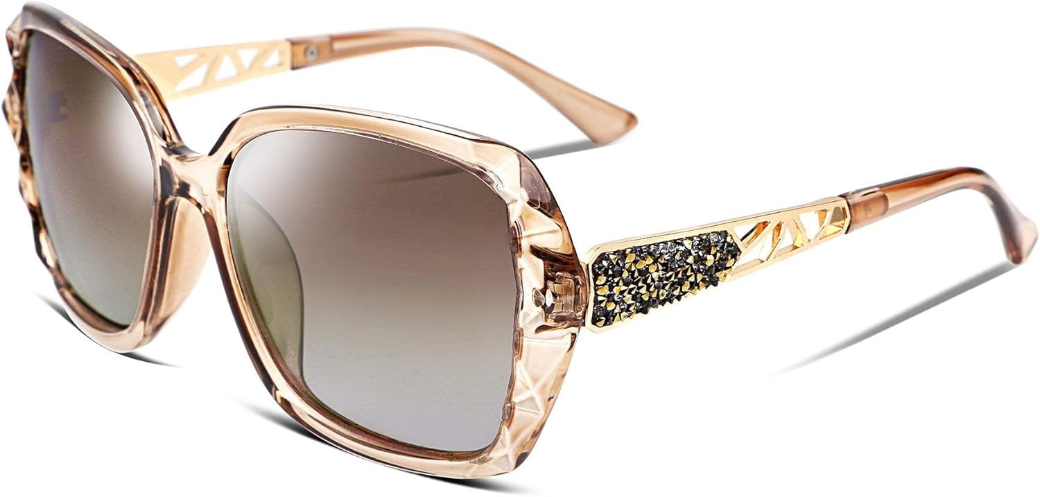 3 Champagne / 56 Millimeters | B079GSTW1D | FEISEDY Polarized Women Square Sunglasses Sparkling Composite Shiny Frame B2289