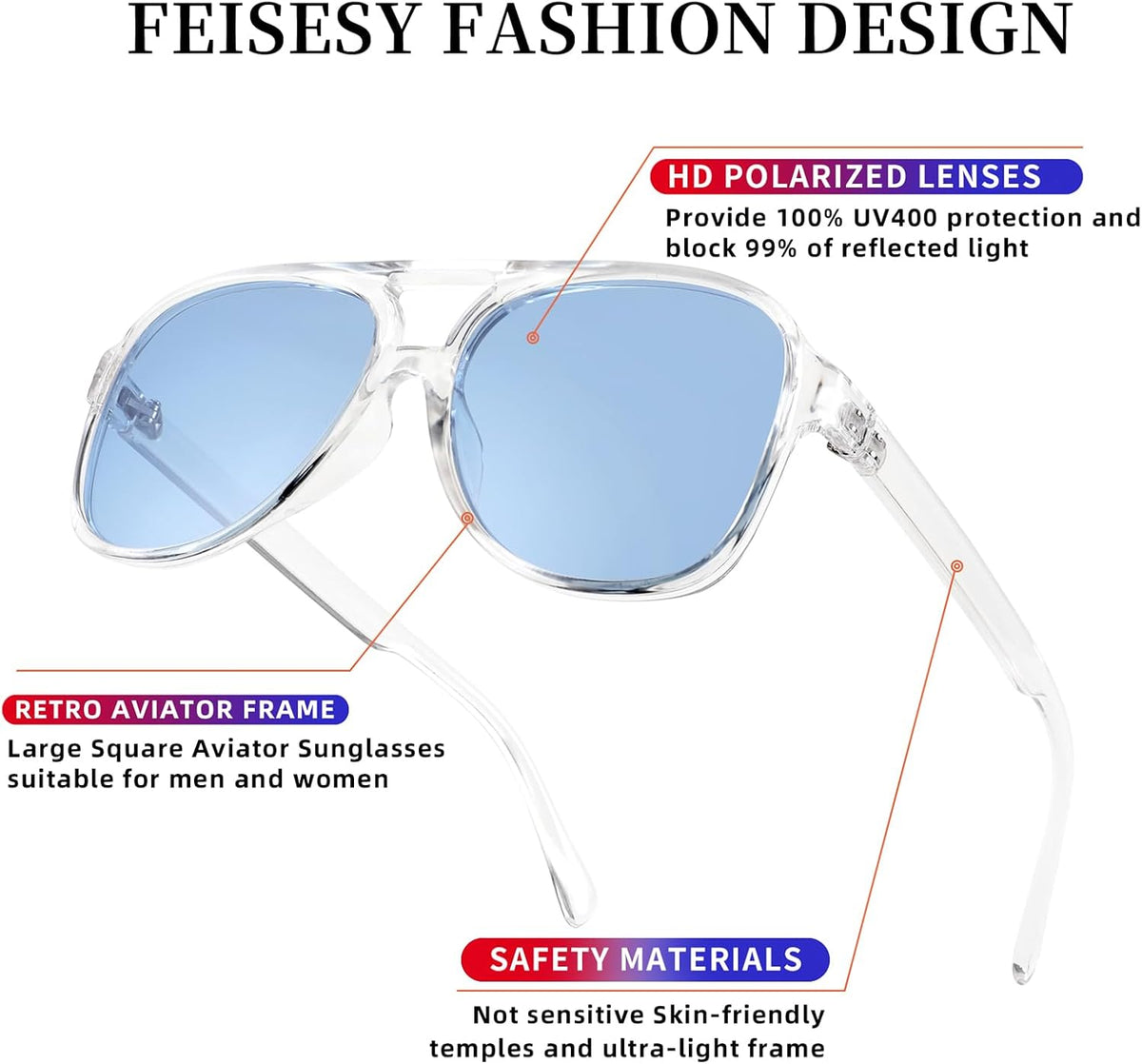 ÉÌƷͼƬ 130 | B0CB543WBD | FEISEDY Vintage Retro 70s Plastic Aviator Sunglasses Women Men Classic Large Squared Frame B2751