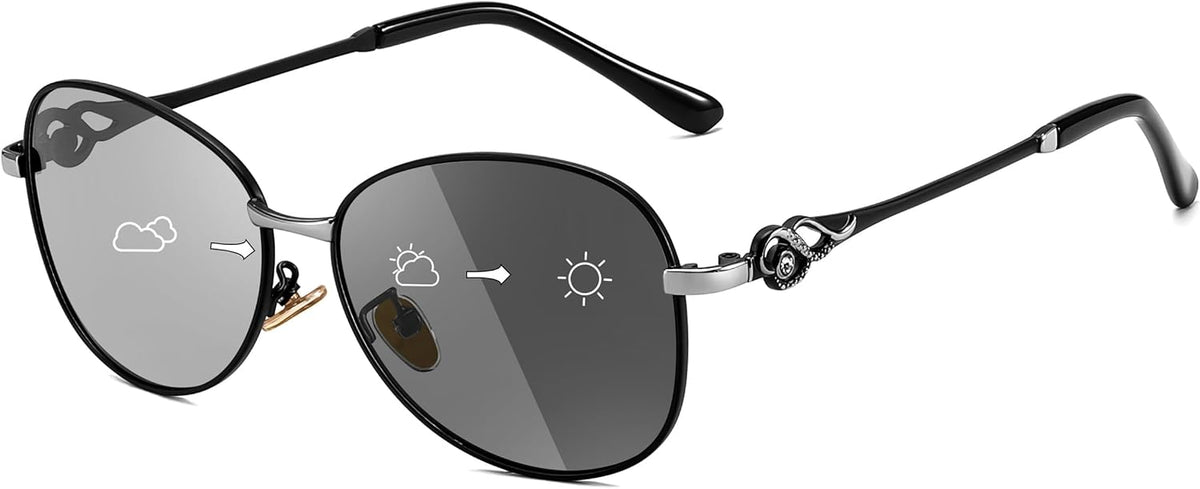 Metal Black Frame & Grey Lens / 57 Millimeters | B0CT2JVT1Z | FEISEDY Oval Photochromic Polarized Sunglasses Women Retro Metal Rhinestone Sunglasses Classic UV400 Protection B1119