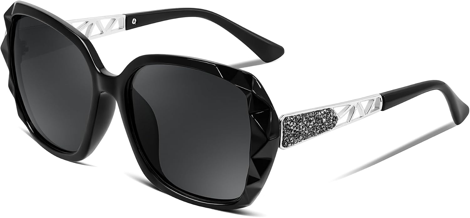 Glossy Black / 56 Millimeters | B0GK5326TP | FEISEDY Polarized Women Square Sunglasses Sparkling Composite Shiny Frame B2289