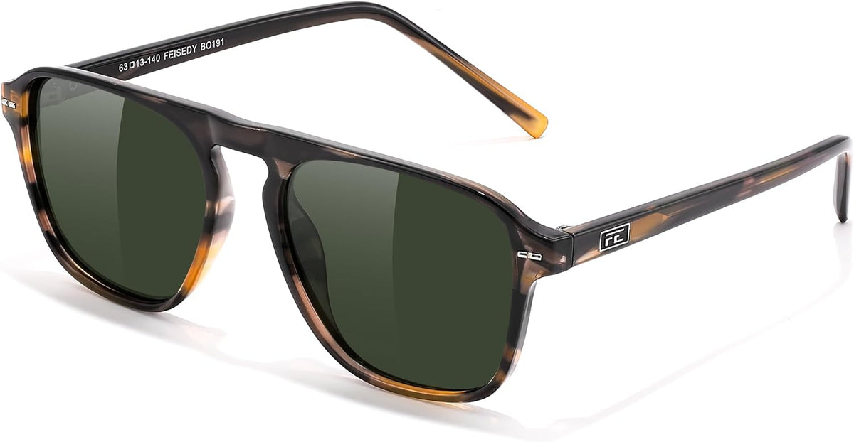 007 Tortoise Frame & Dark Green / 52 Millimeters | B0F4D3QKNJ | FEISEDY Polarized Aviator Mens Sunglasses Square Modern Women Vintage Style Acetate Frame UV400 B0191