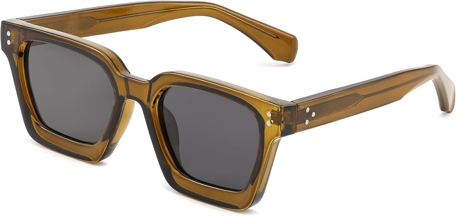 007 Olive Yellow Frame | Polarized Gray Lenses / 50 Millimeters | B0F13GB35Z | FEISEDY Sunglasses Men Women Polarized, Chunky Square Thick Frame, Rectangle UV400 Shade Sun Glasses B2396
