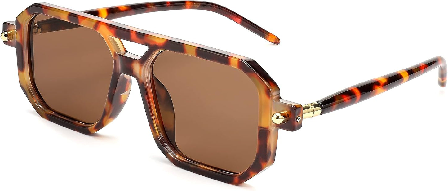 003 Leopard Frame & Tea Lens / 52 Millimeters | B09YTJ4FQZ | FEISEDY Vintage Square 70s Flat Aviator Sunglasses Women Men Classic Retro Stylish Frame UV400 Sunglasses B2622