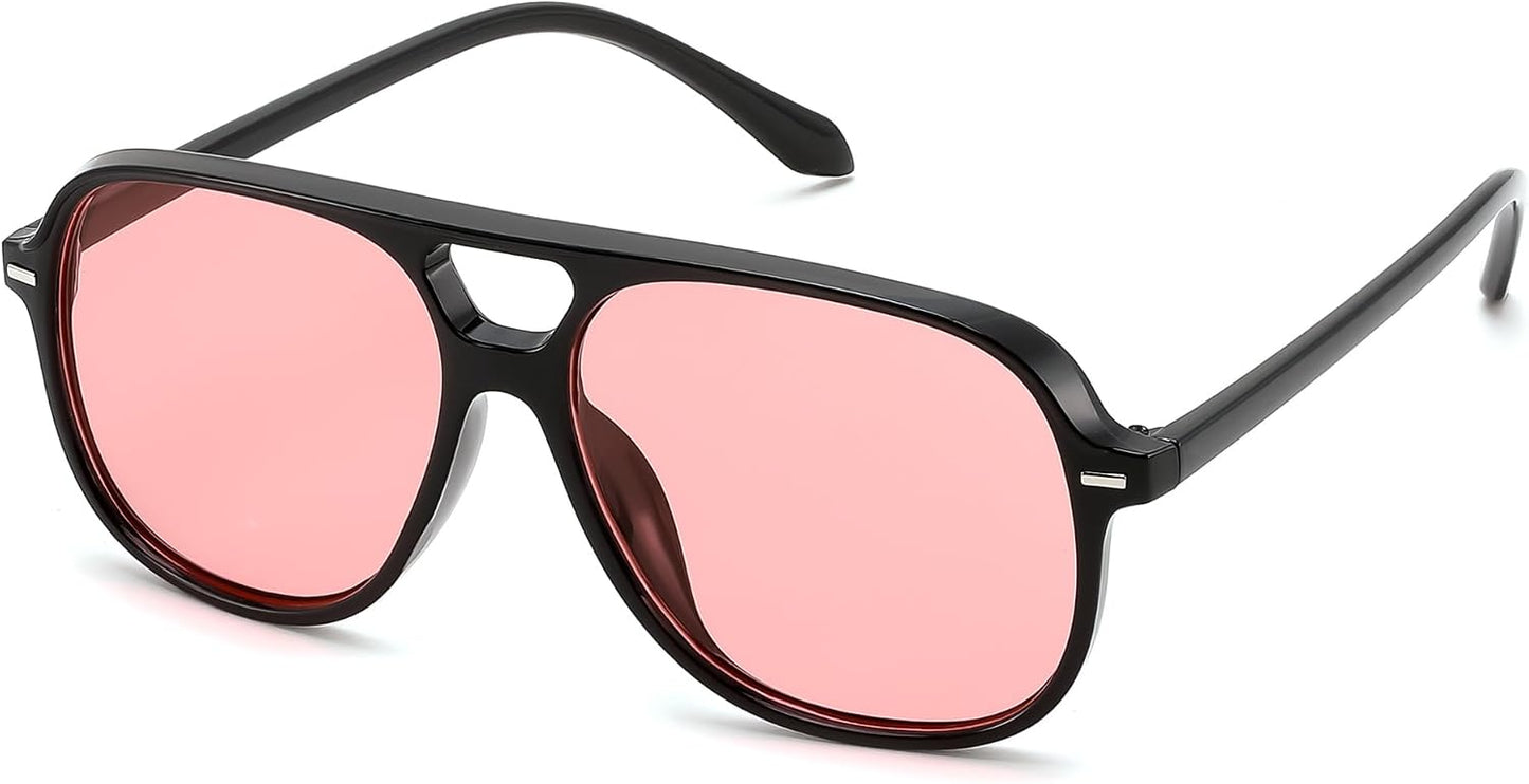 Black & Pink / 56 Millimeters | B0H1W2ZM2M | FEISEDY Retro Square Aviator Sunglasses Women Men Double Bridge B0443