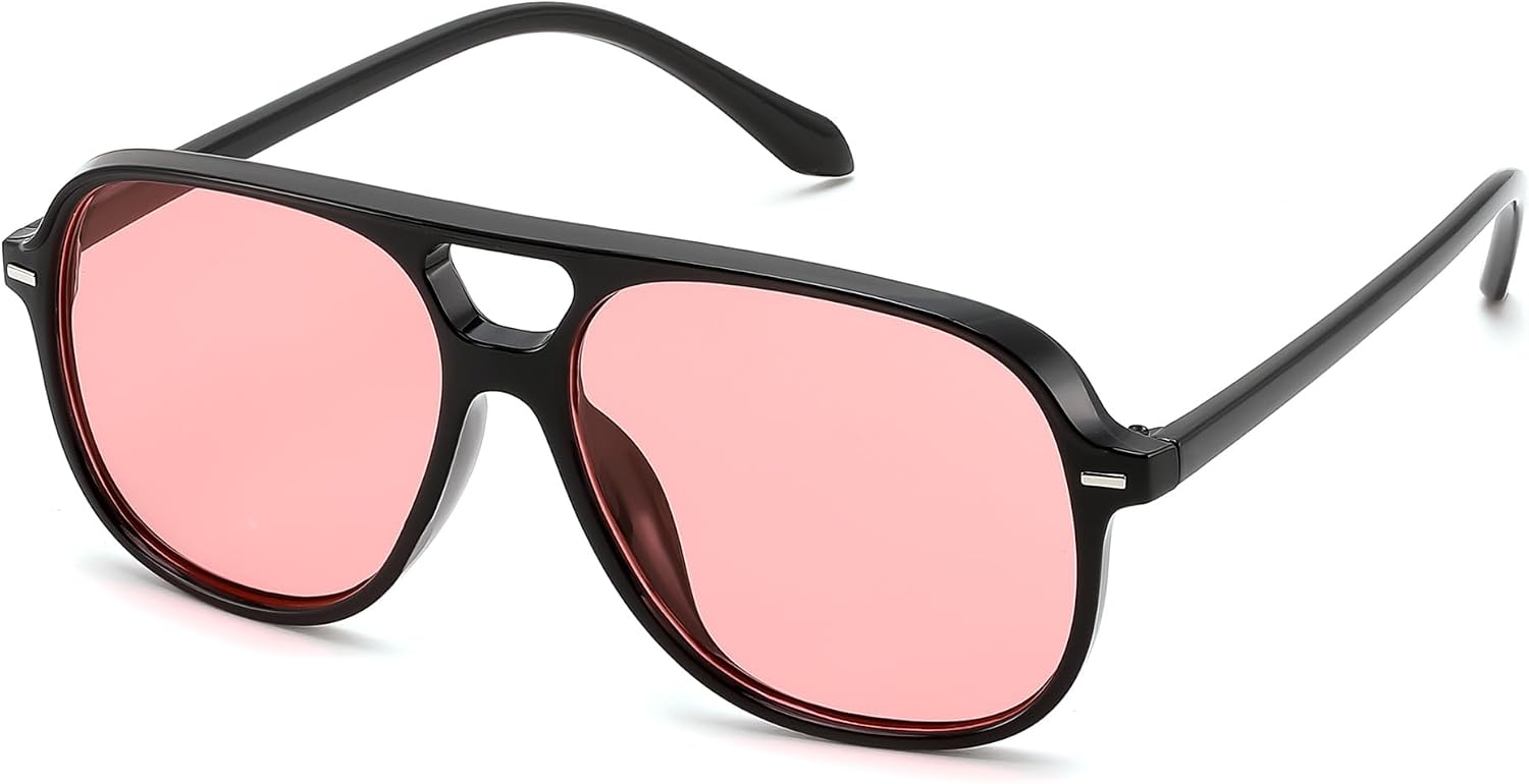 Black & Pink / 56 Millimeters | B0H1W2ZM2M | FEISEDY Retro Square Aviator Sunglasses Women Men Double Bridge B0443
