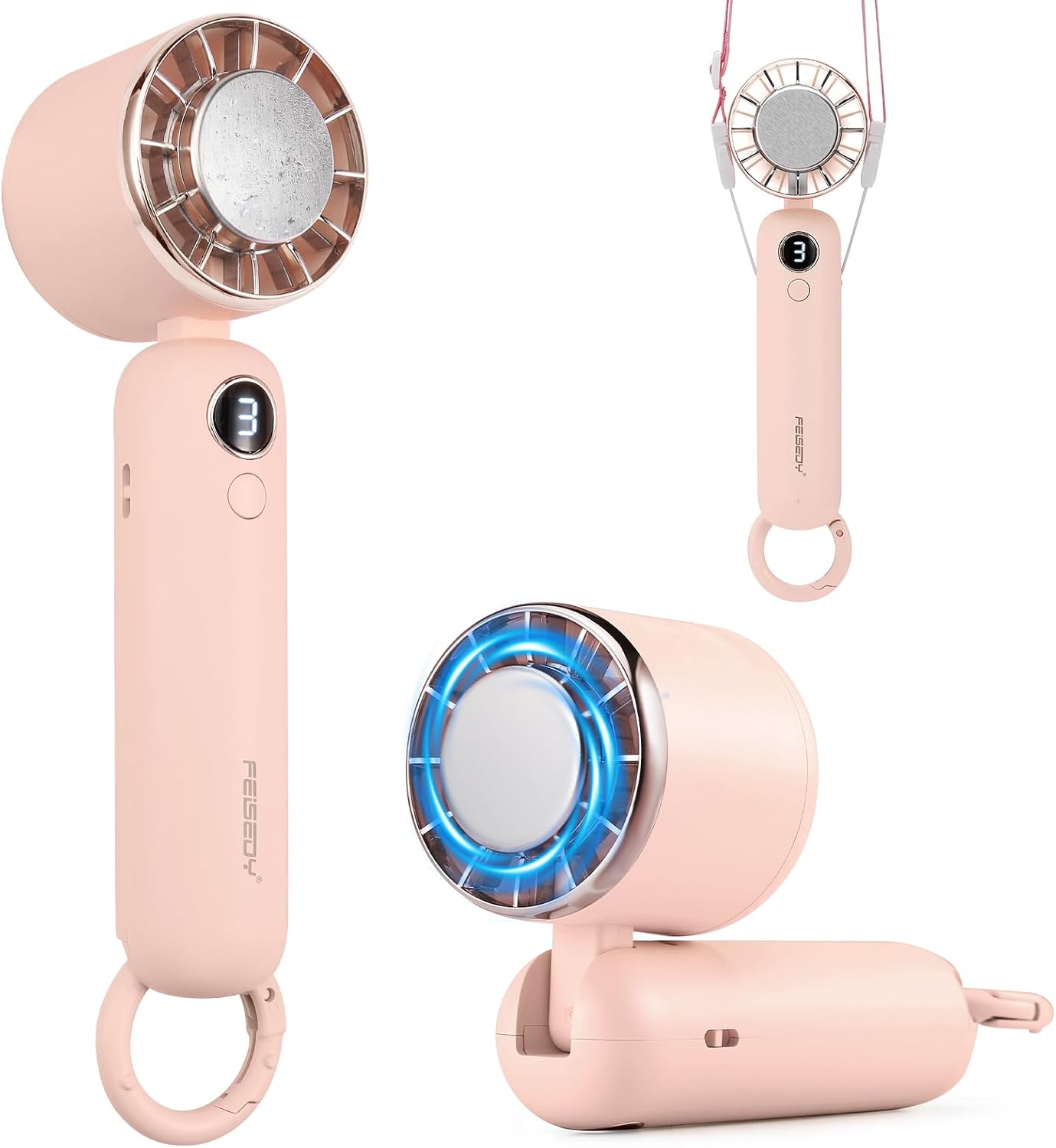ピンク | B0GSVL8JSV | [FEISDY] ハンディファン 携帯扇風機 冷却プレート搭載 3段階風力調節 5000mAh大容量電池 カラビナ付き ストラップ付属 手持ち/首掛け/卓上扇風機 LED残量表示 USB充電式 90°折り畳み ミニファン 軽量 静音