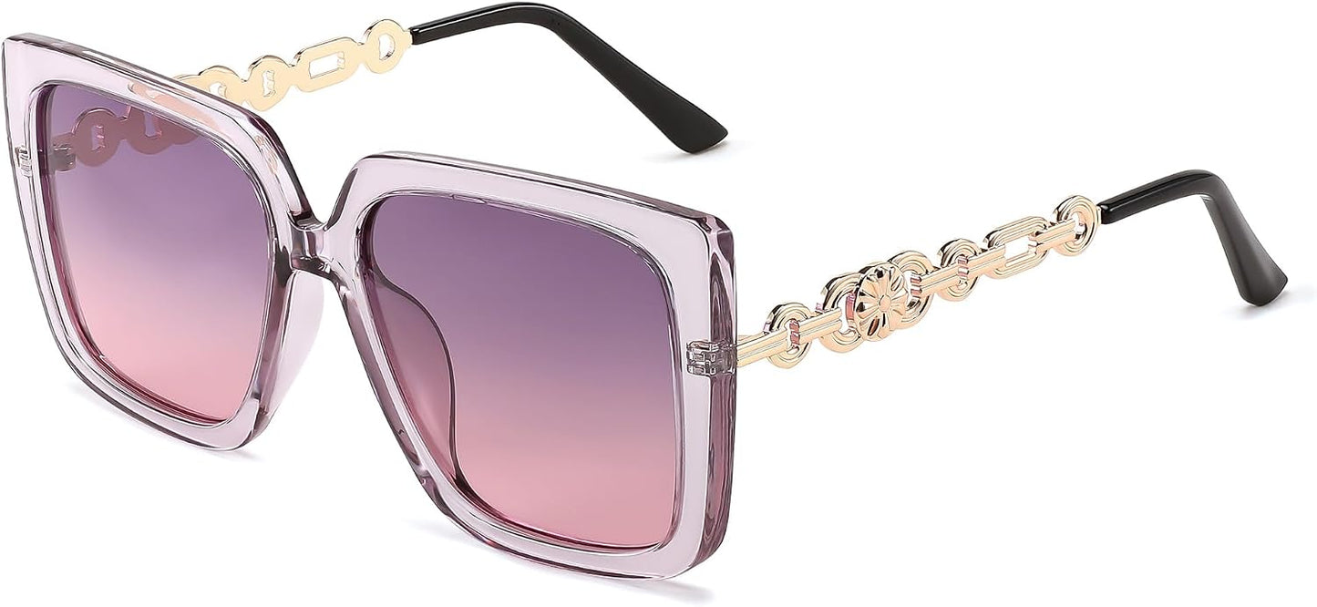 Clear Purple Frame Polarized Purple Pink Lens / 55 Millimeters | B0CNGHTQ43 | FEISEDY Sunglasses Womens Trendy, Oversized Square Shades, Pearl Inlay Cat Eye Frame UV400 Protection B2625