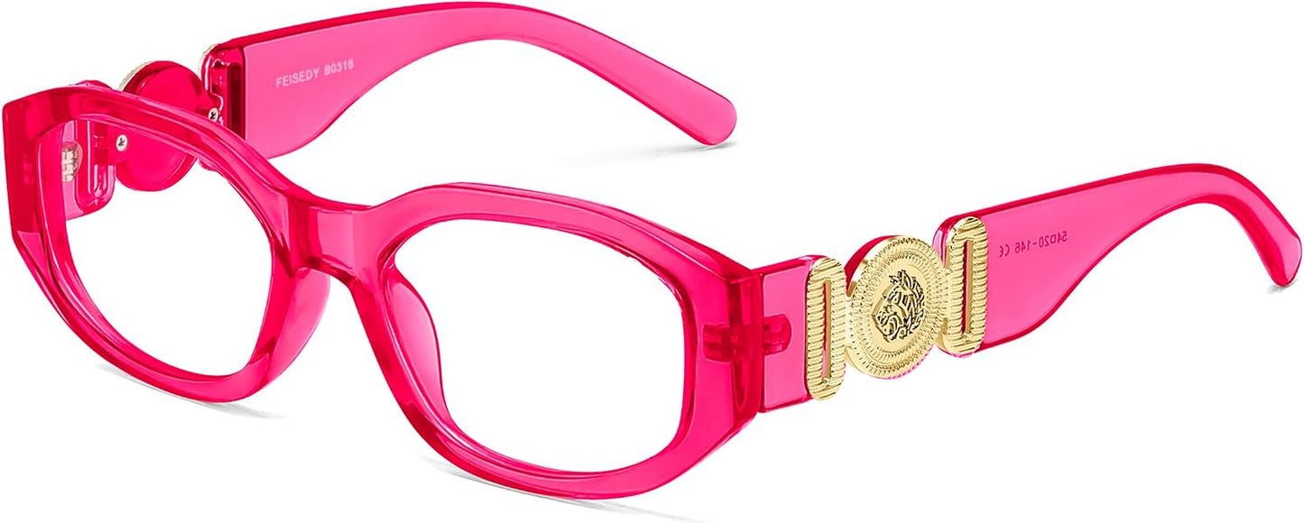 Transparent Rose Red / 54 Millimeters | B0G34RSK2H | FEISEDY Retro Trendy Narrow Blue Light Glasses for Women Men B0316 | Vintage 90s Small Square Eyeglasses,Blue Light Blocking