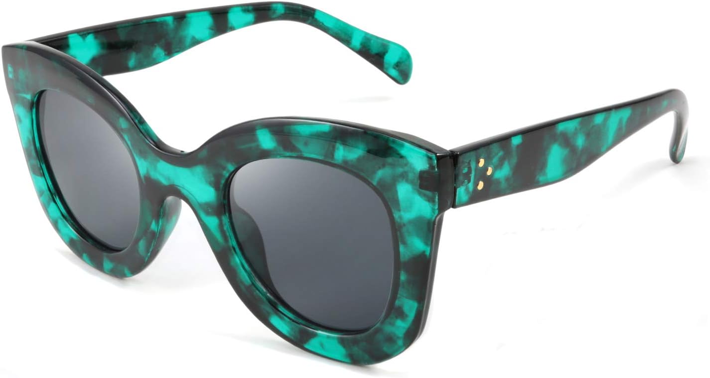 Green-leopard | B089K7LZRG | FEISEDY Retro Oversized Square Horn Sunglasses Semi Cat Eye Butterfly Glass Big Thick Bold Frame B2572