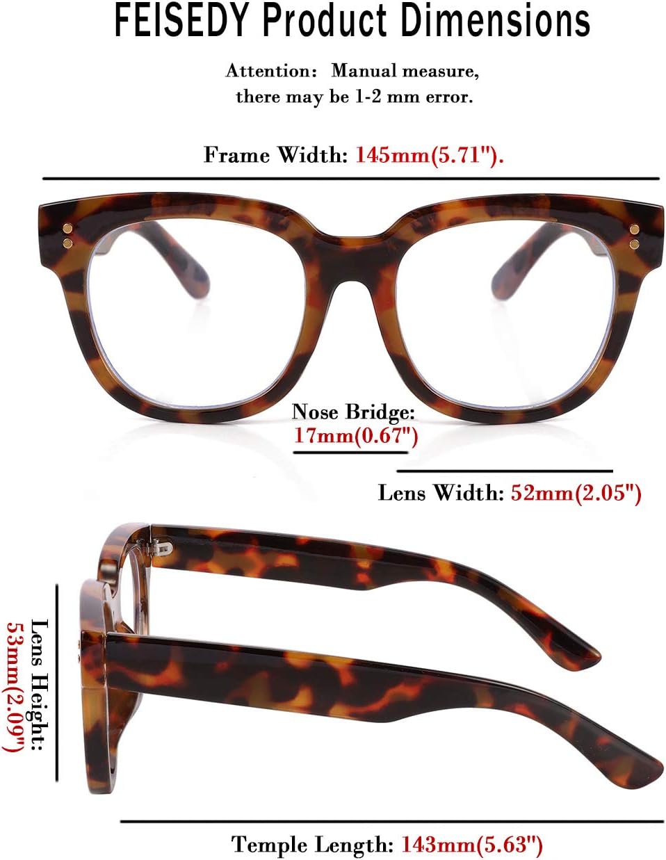 商品图片 11 | B08MFD4QG6 | FEISEDY Retro Square Anti Blue Light Blocking Glasses Women Thick Oversized Computer Eyeglasses Double Metal Studs B2689